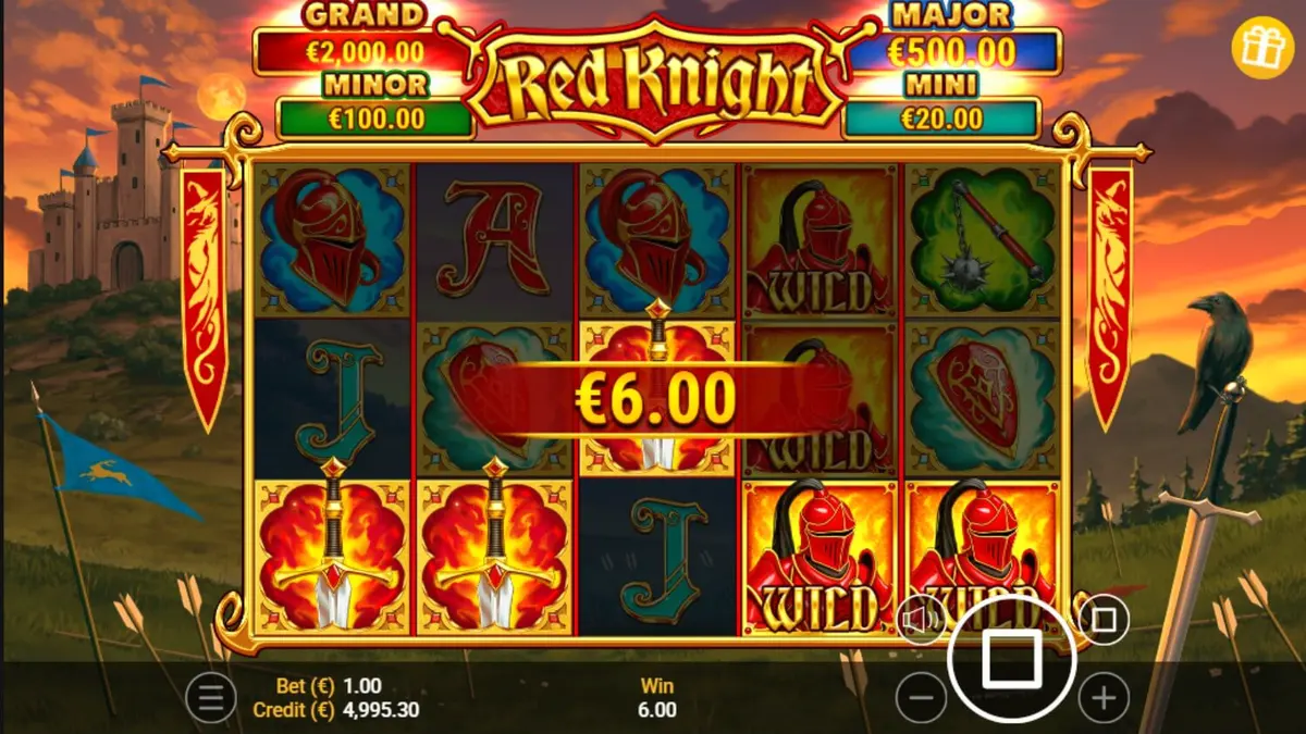 Tampilan visual slot Red Knight bertema abad pertengahan dengan elemen api