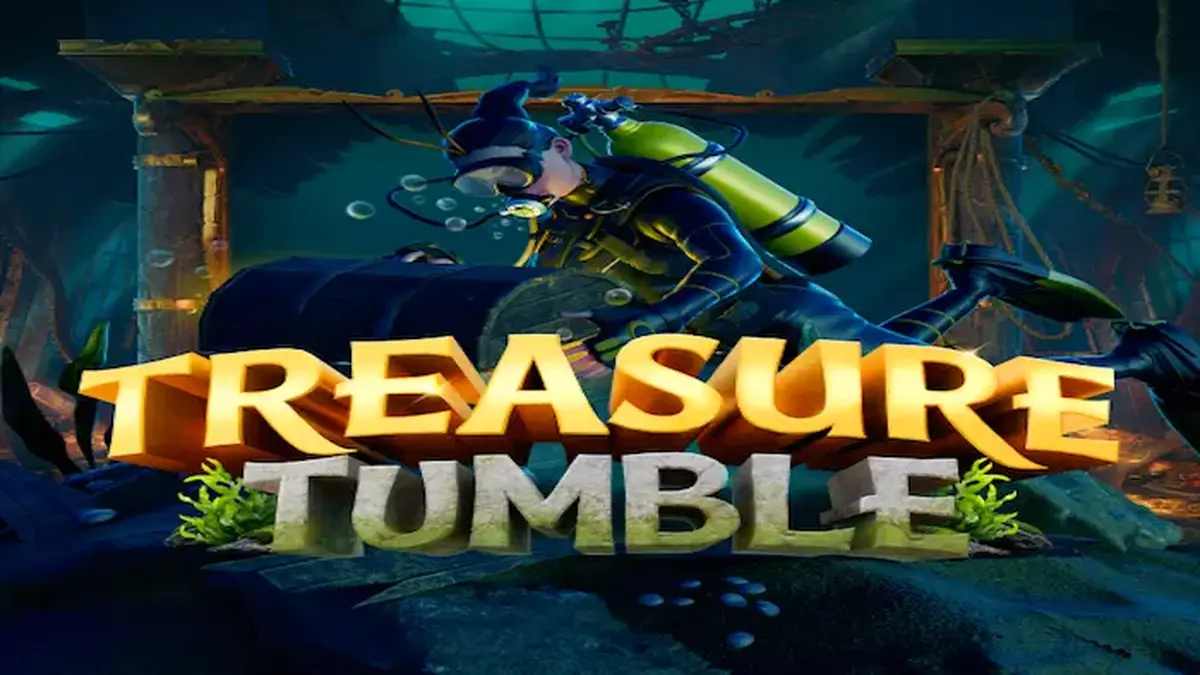 Pemandangan bawah laut misterius dengan peti harta karun dan grid slot 8x8 dari Treasure Tumble.
